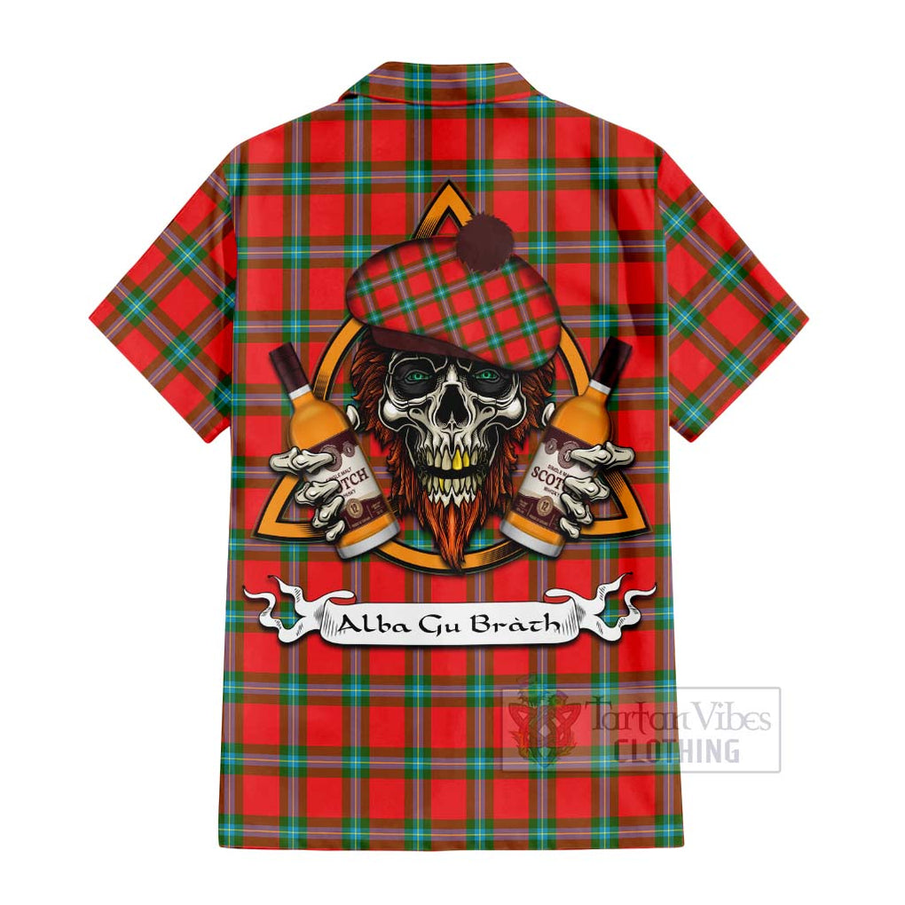 Tartan Vibes Clothing MacLaine (McLaine) Tartan Short Sleeve Button Shirt with Family Crest and Bearded Skull Holding Bottles of Whiskey