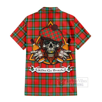 MacLaine (McLaine) Tartan Short Sleeve Button Shirt with Family Crest and Bearded Skull Holding Bottles of Whiskey