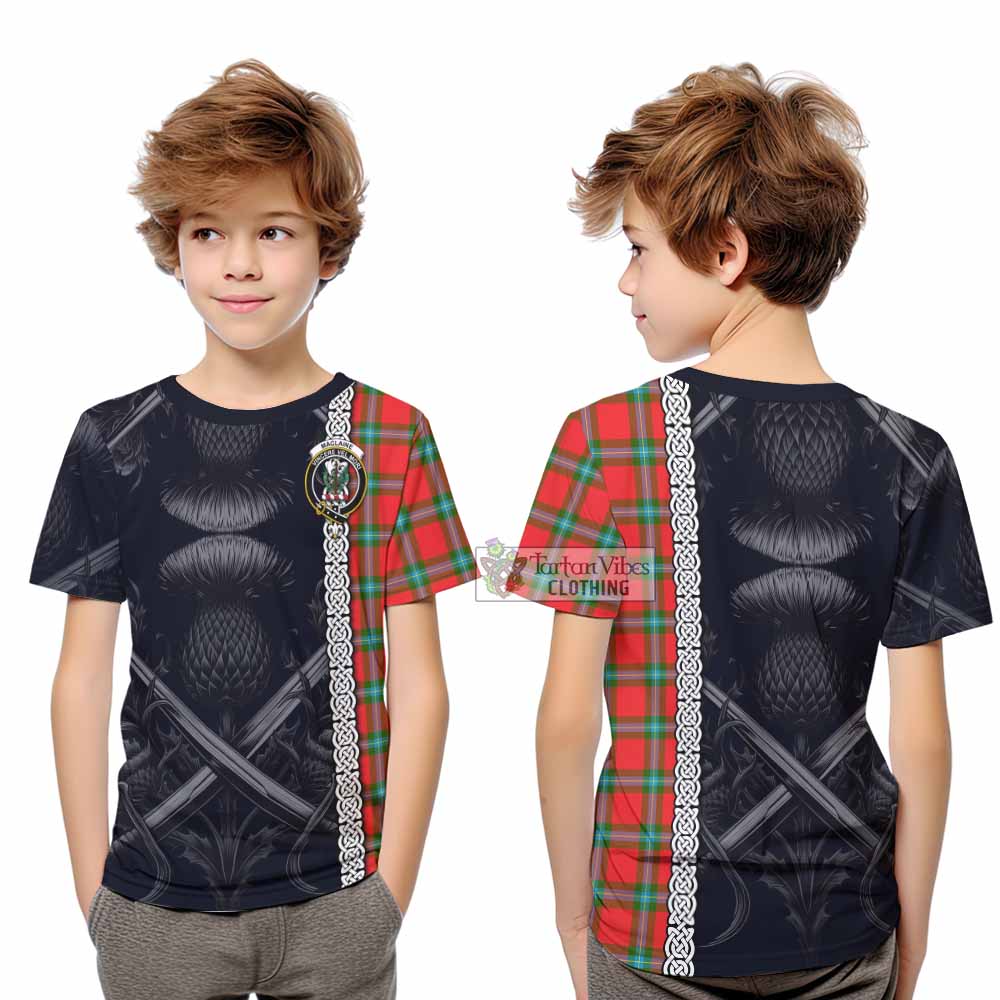 Tartan Vibes Clothing MacLaine (McLaine) Tartan Kid T-Shirt with Family Crest Cross Sword Thistle Celtic Vibes