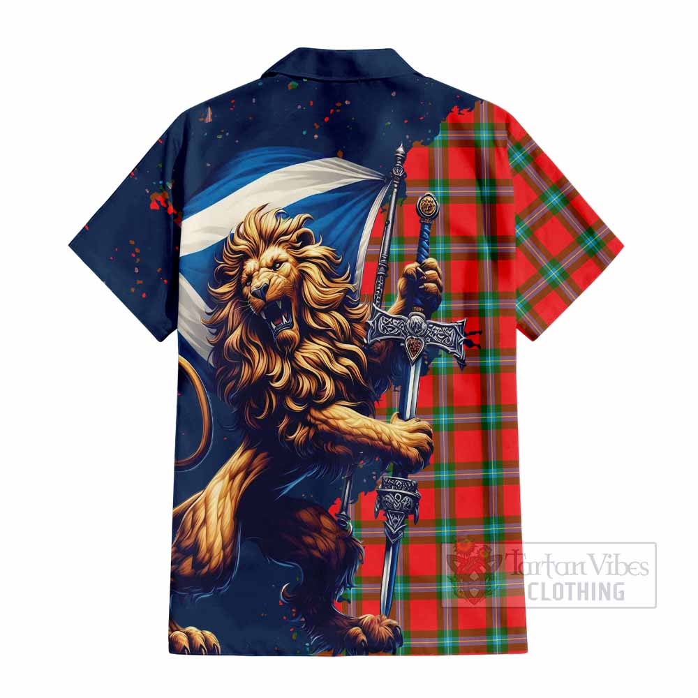 Tartan Vibes Clothing MacLaine (McLaine) Tartan Family Crest Short Sleeve Button Shirt with Scottish Majestic Lion