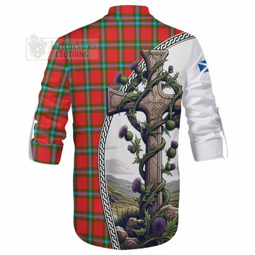 MacLaine (McLaine) Tartan Ghillie Kilt Shirt with Family Crest and St. Andrew's Cross Accented by Thistle Vines