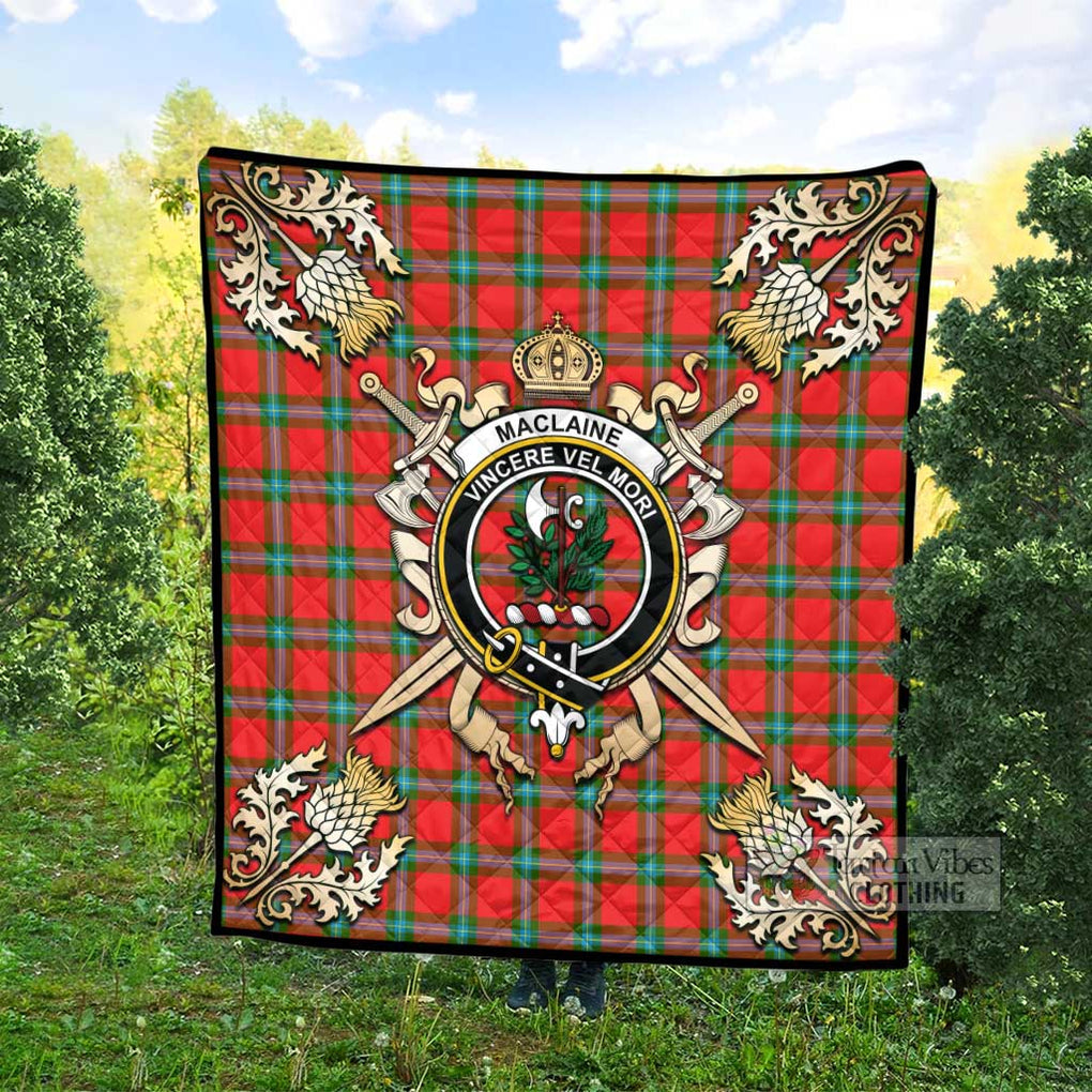 Tartan Vibes Clothing MacLaine (McLaine) Tartan Quilt with Family Crest and Scottish Golden Courage Shield