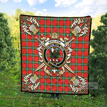 MacLaine (McLaine) Tartan Quilt with Family Crest and Golden Thistle Crossed Sword Design