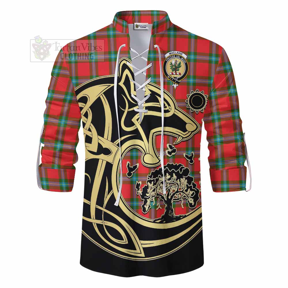 Tartan Vibes Clothing MacLaine (McLaine) Tartan Ghillie Kilt Shirt with Family Crest Celtic Wolf Style