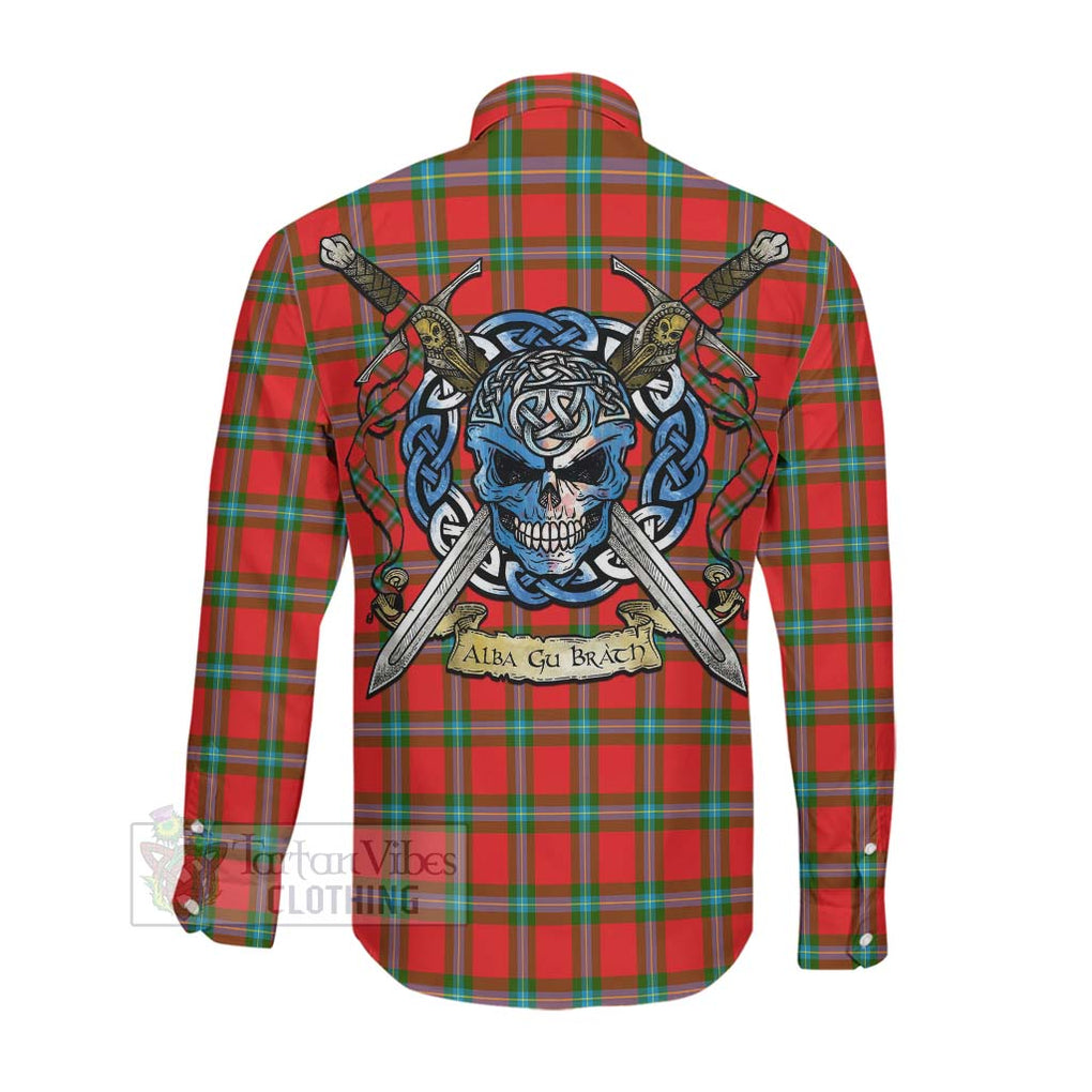 Tartan Vibes Clothing MacLaine (McLaine) Tartan Long Sleeve Button Shirt with Family Crest Celtic Skull Style