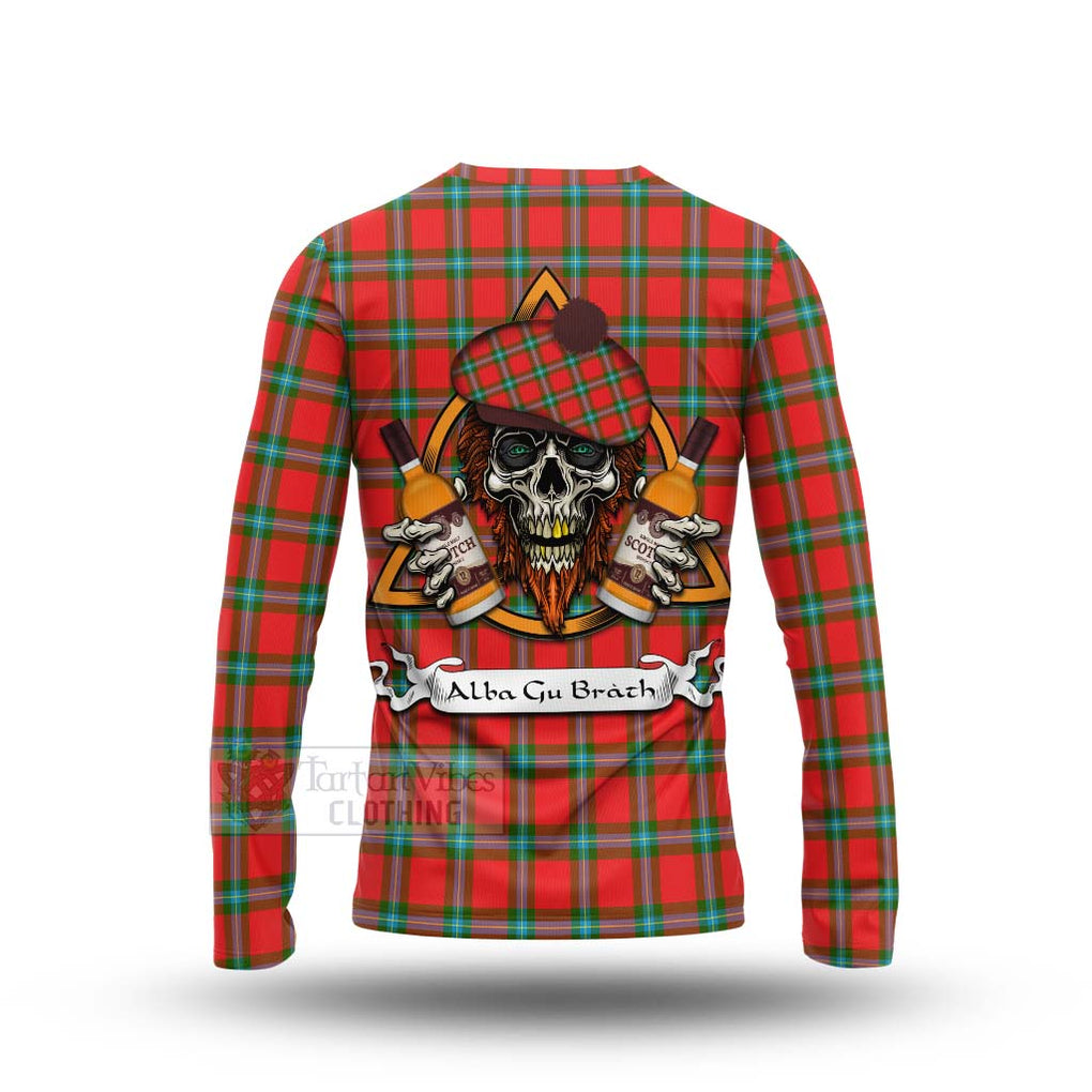 Tartan Vibes Clothing MacLaine (McLaine) Tartan Long Sleeve T-Shirt with Family Crest and Bearded Skull Holding Bottles of Whiskey