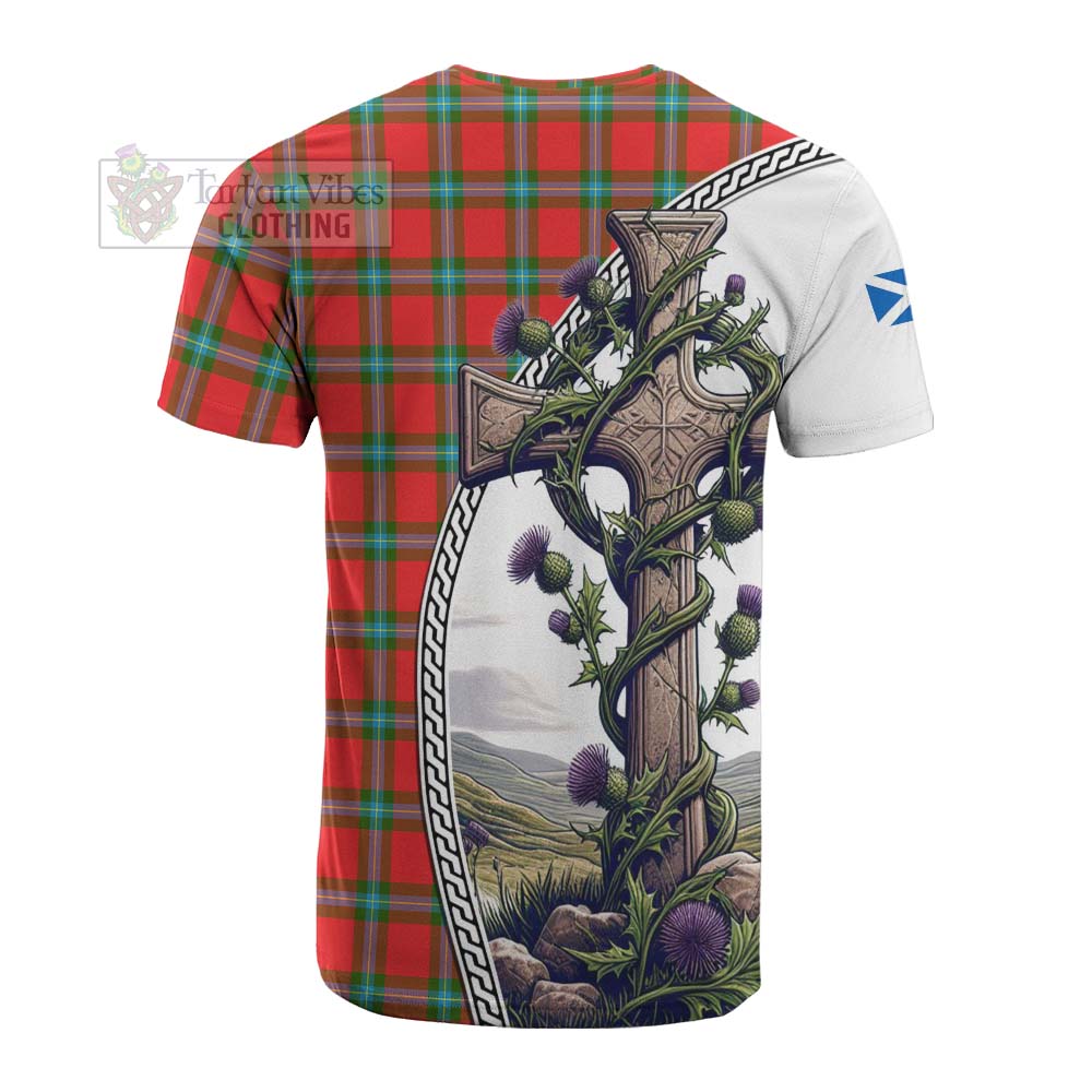 Tartan Vibes Clothing MacLaine (McLaine) Tartan Cotton T-shirt with Family Crest and St. Andrew's Cross Accented by Thistle Vines