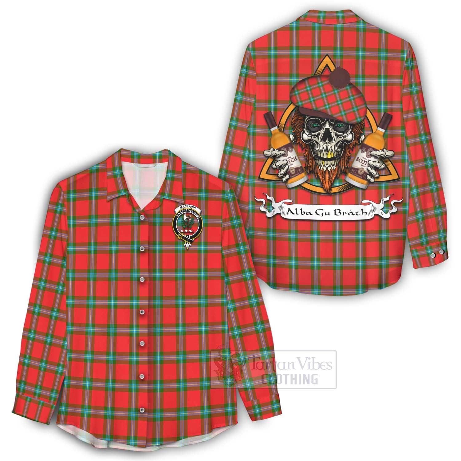 Tartan Vibes Clothing MacLaine (McLaine) Tartan Women's Casual Shirt with Family Crest and Bearded Skull Holding Bottles of Whiskey