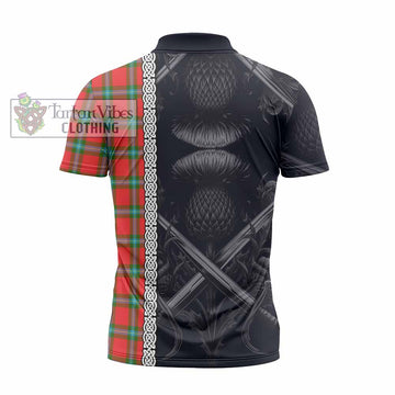 MacLaine (McLaine) Tartan Zipper Polo Shirt with Family Crest Cross Sword Thistle Celtic Vibes