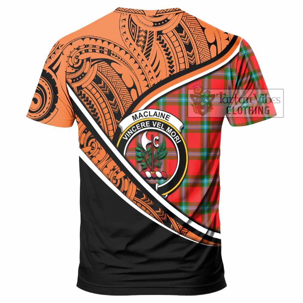 Tartan Vibes Clothing MacLaine (McLaine) Crest Tartan T-Shirt with Maori Tattoo Style - Orange Version