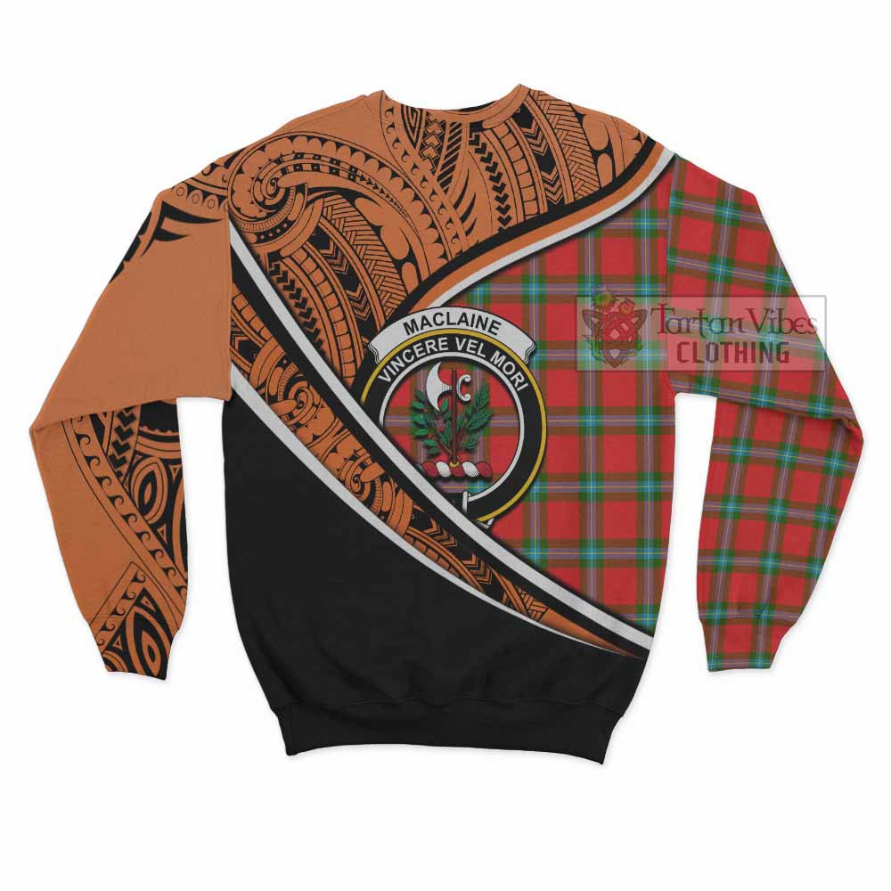 Tartan Vibes Clothing MacLaine (McLaine) Crest Tartan Sweatshirt with Maori Tattoo Style - Orange Version