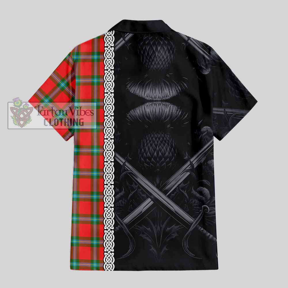 Tartan Vibes Clothing MacLaine (McLaine) Tartan Short Sleeve Button Shirt with Family Crest Cross Sword Thistle Celtic Vibes