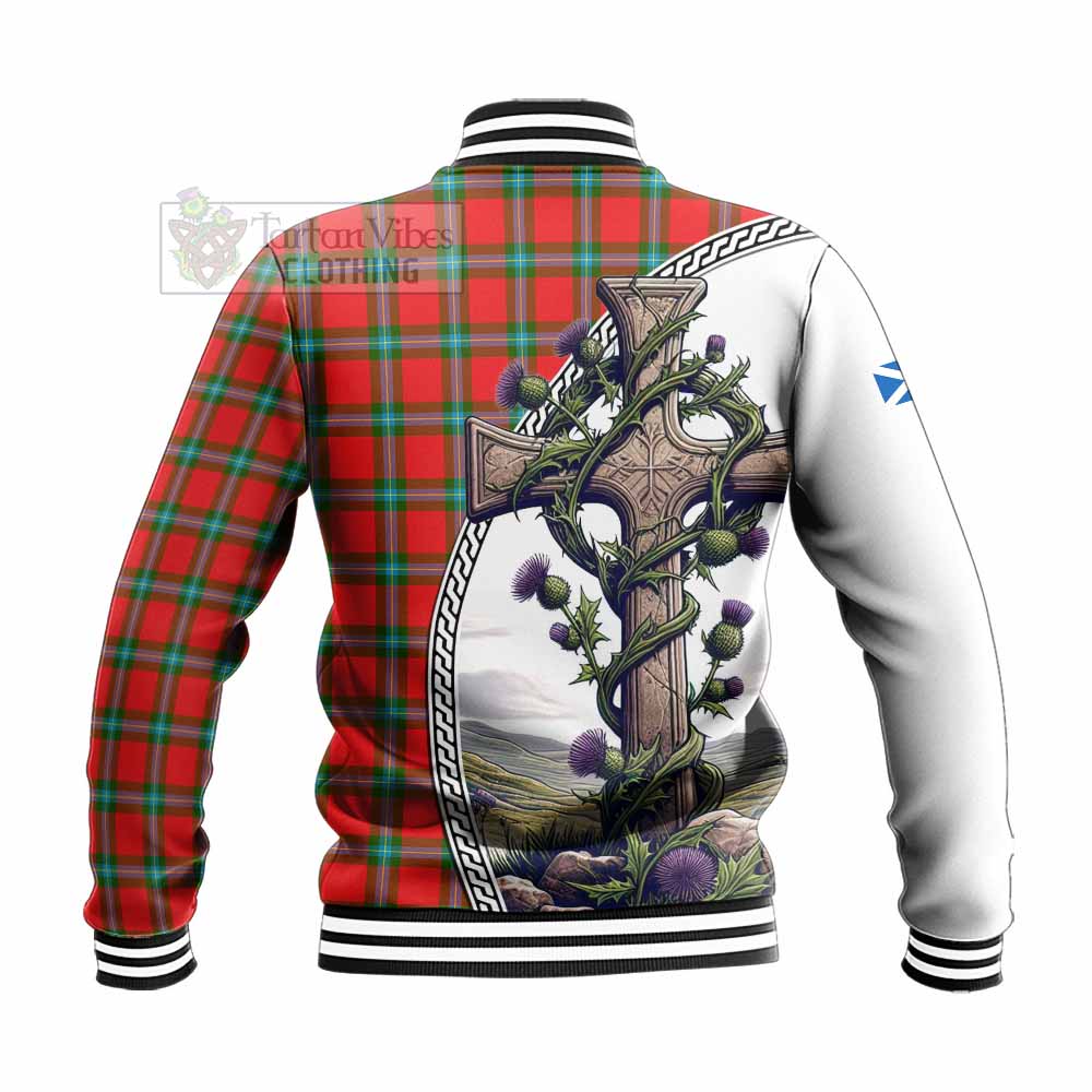 Tartan Vibes Clothing MacLaine (McLaine) Tartan Baseball Jacket with Family Crest and St. Andrew's Cross Accented by Thistle Vines