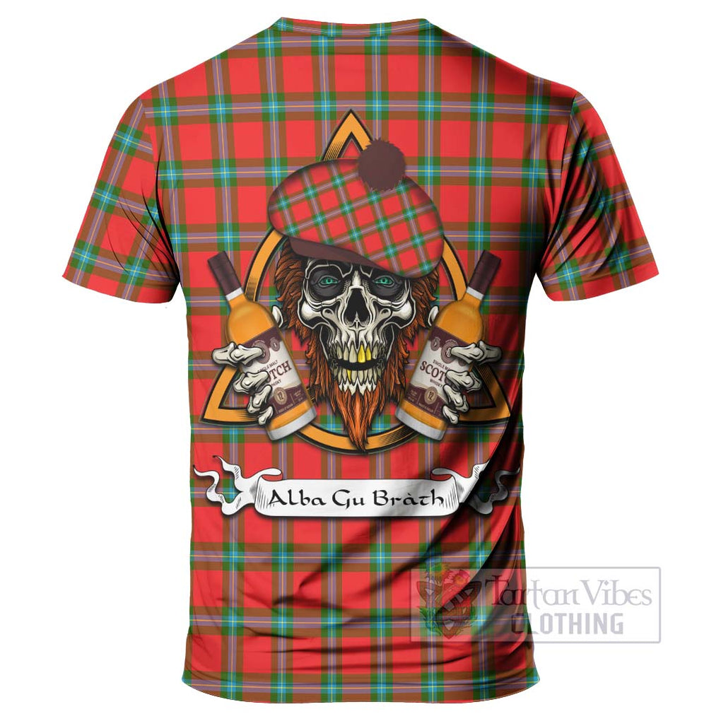 Tartan Vibes Clothing MacLaine (McLaine) Tartan T-Shirt with Family Crest and Bearded Skull Holding Bottles of Whiskey