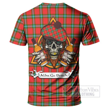 MacLaine (McLaine) Tartan T-Shirt with Family Crest and Bearded Skull Holding Bottles of Whiskey