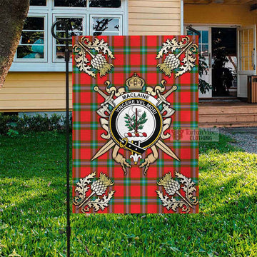 MacLaine (McLaine) Tartan Flag with Family Crest and Golden Thistle Crossed Sword Design