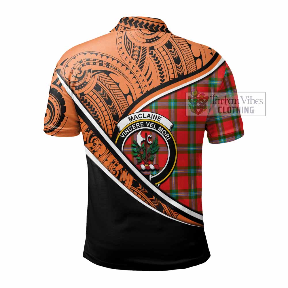 Tartan Vibes Clothing MacLaine (McLaine) Crest Tartan Polo Shirt with Maori Tattoo Style - Orange Version