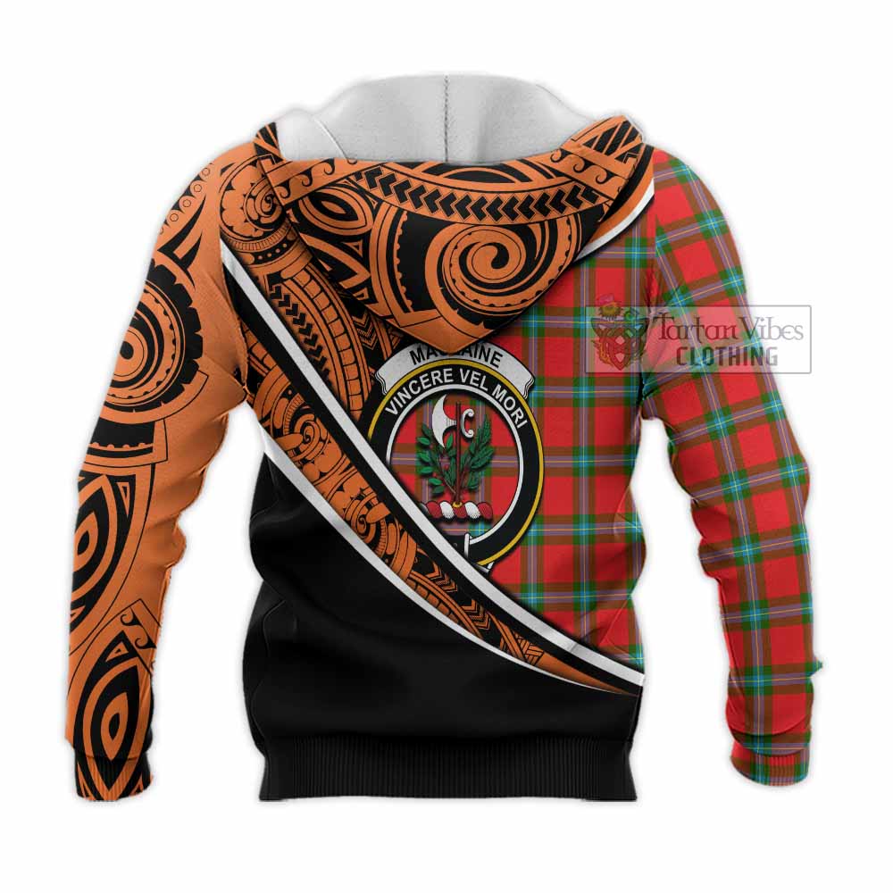 Tartan Vibes Clothing MacLaine (McLaine) Crest Tartan Knitted Hoodie with Maori Tattoo Style - Orange Version