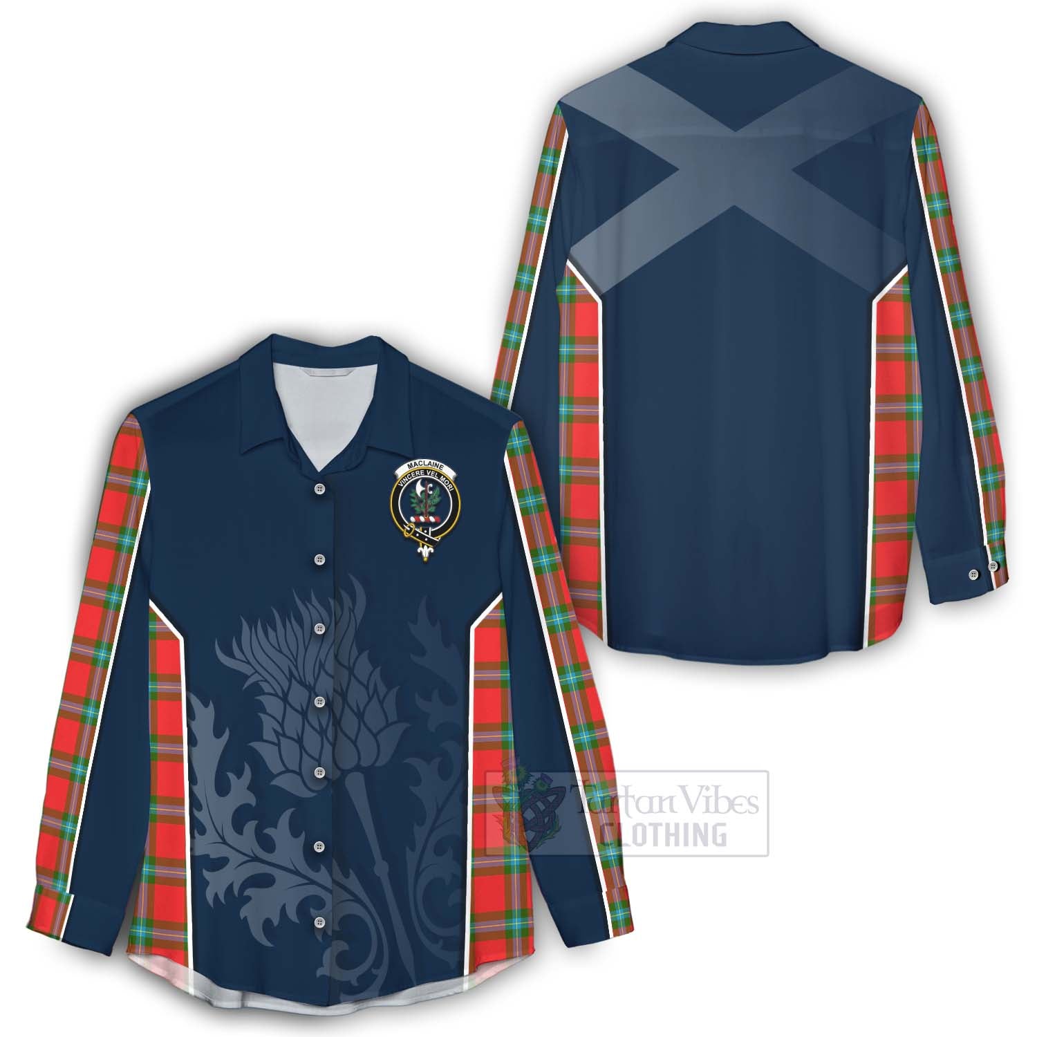 Tartan Vibes Clothing MacLaine (McLaine) Tartan Women's Casual Shirt with Family Crest and Scottish Thistle Vibes Sport Style