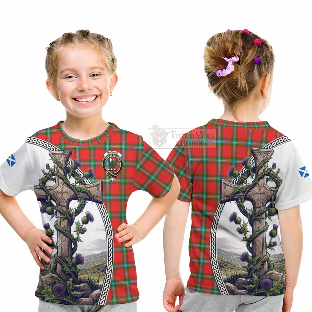 Tartan Vibes Clothing MacLaine (McLaine) Tartan Kid T-Shirt with Family Crest and St. Andrew's Cross Accented by Thistle Vines