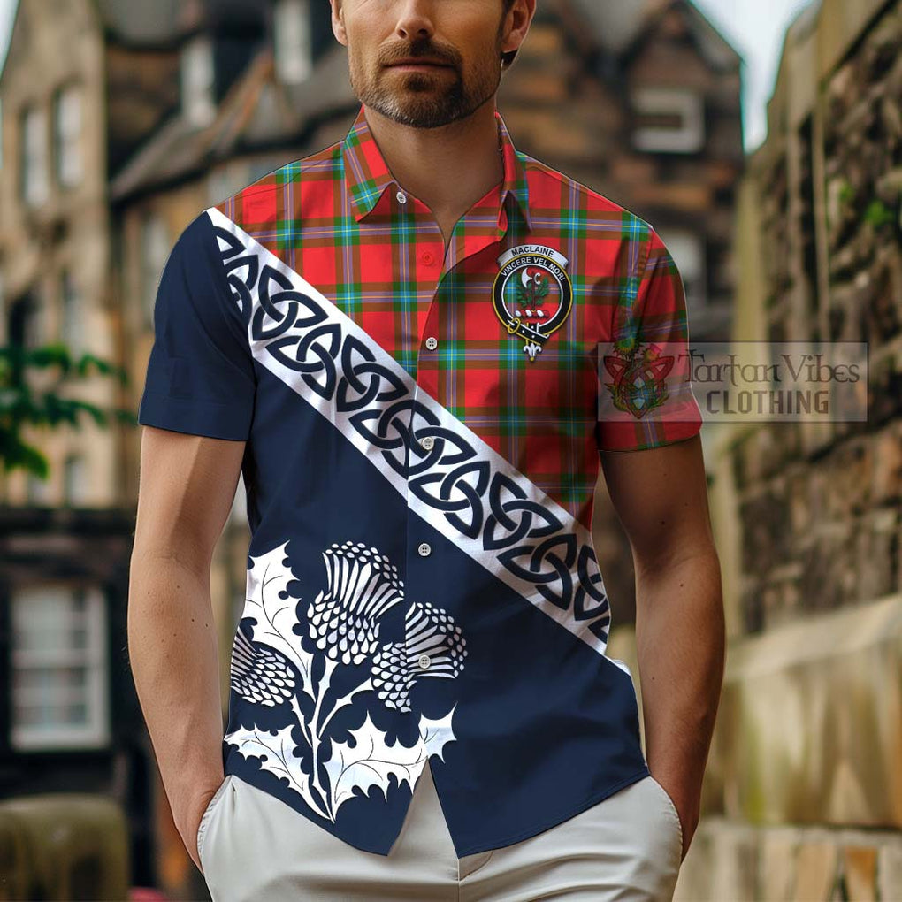 Tartan Vibes Clothing MacLaine (McLaine) Tartan Short Sleeve Button Shirt Featuring Thistle and Scotland Map