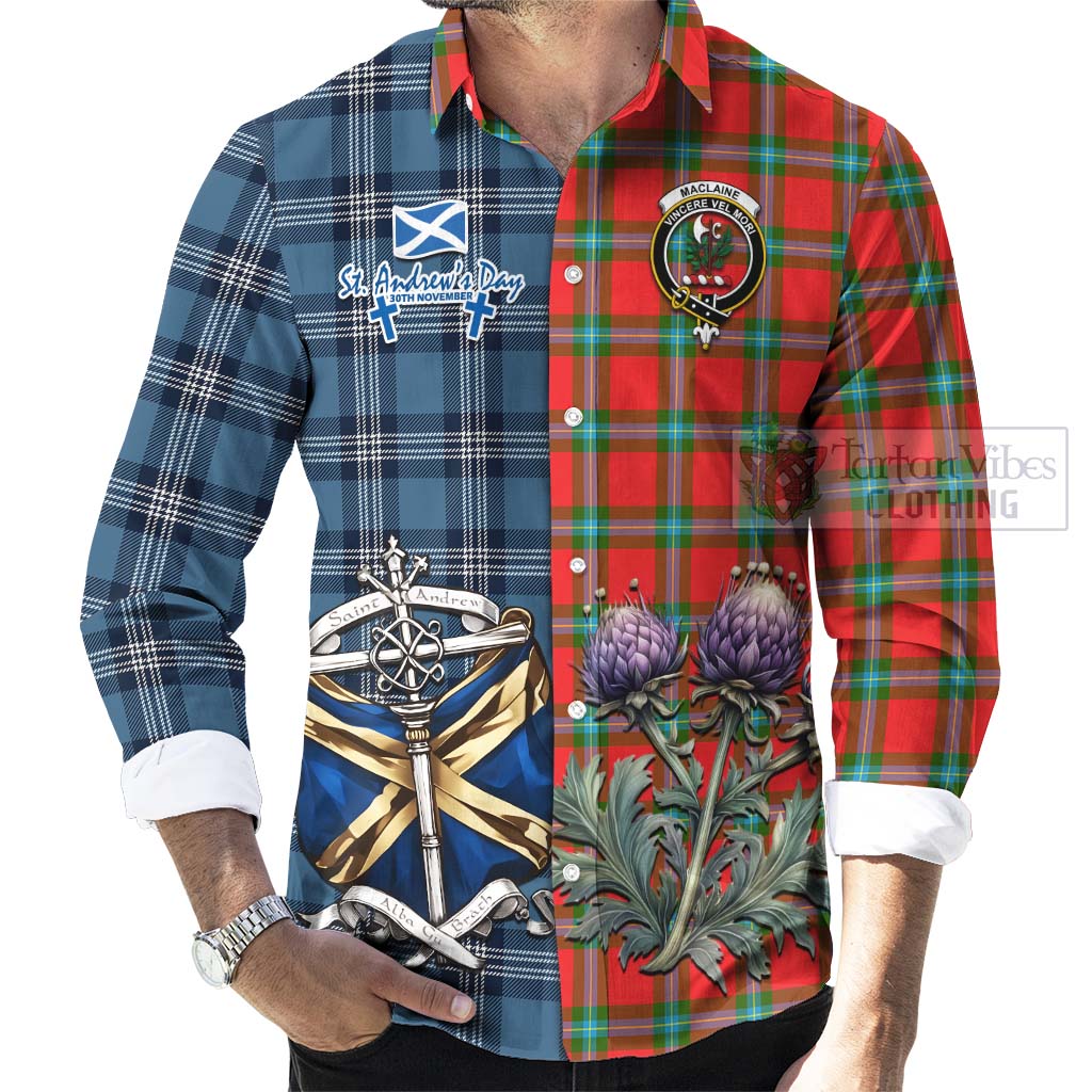 Tartan Vibes Clothing MacLaine (McLaine) Tartan Long Sleeve Button Shirt Happy St. Andrew's Day Half Tartan Style