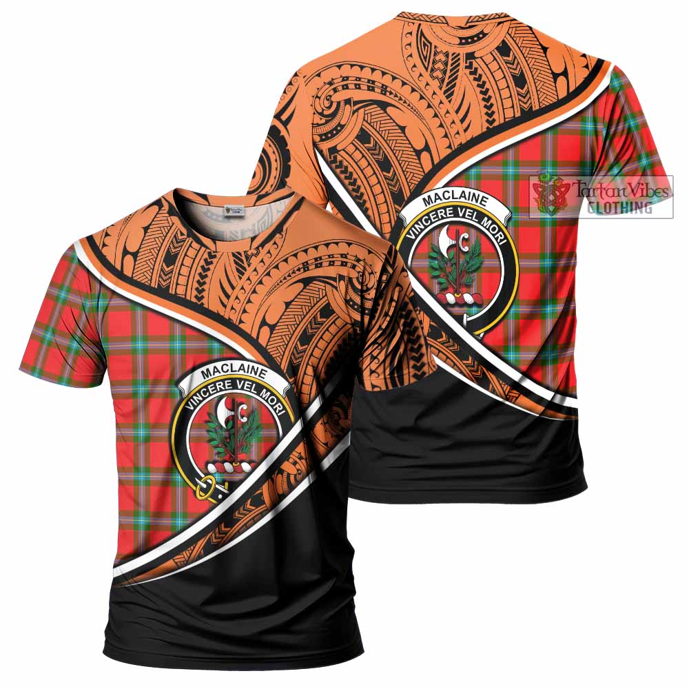 Tartan Vibes Clothing MacLaine (McLaine) Crest Tartan T-Shirt with Maori Tattoo Style - Orange Version