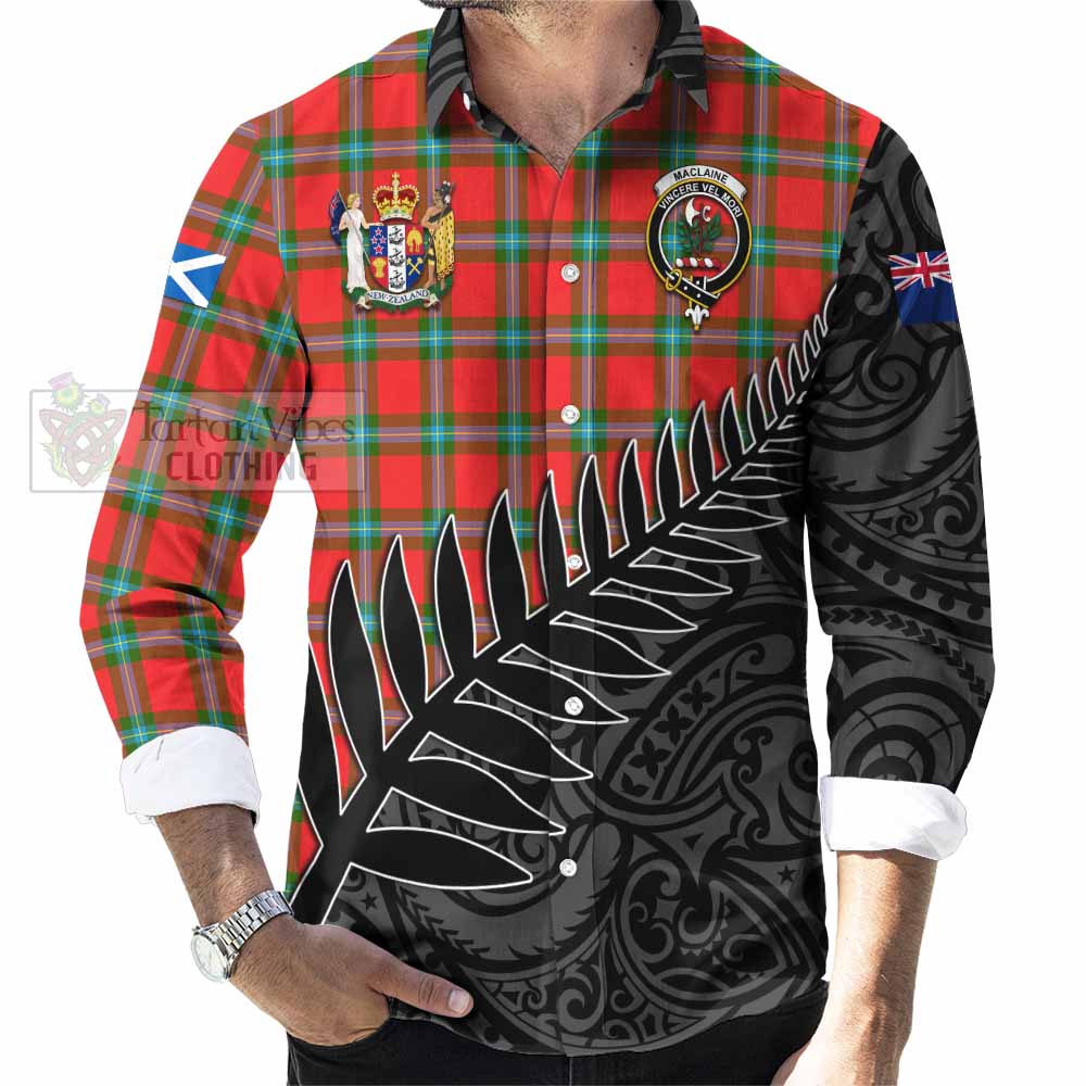 Tartan Vibes Clothing MacLaine (McLaine) Crest Tartan Long Sleeve Button Shirt with New Zealand Silver Fern Half Style