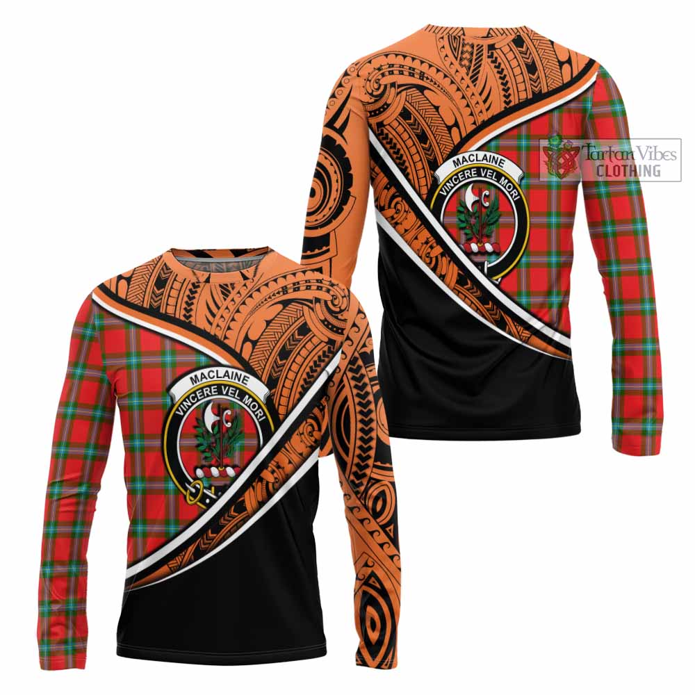 Tartan Vibes Clothing MacLaine (McLaine) Crest Tartan Long Sleeve T-Shirt with Maori Tattoo Style - Orange Version