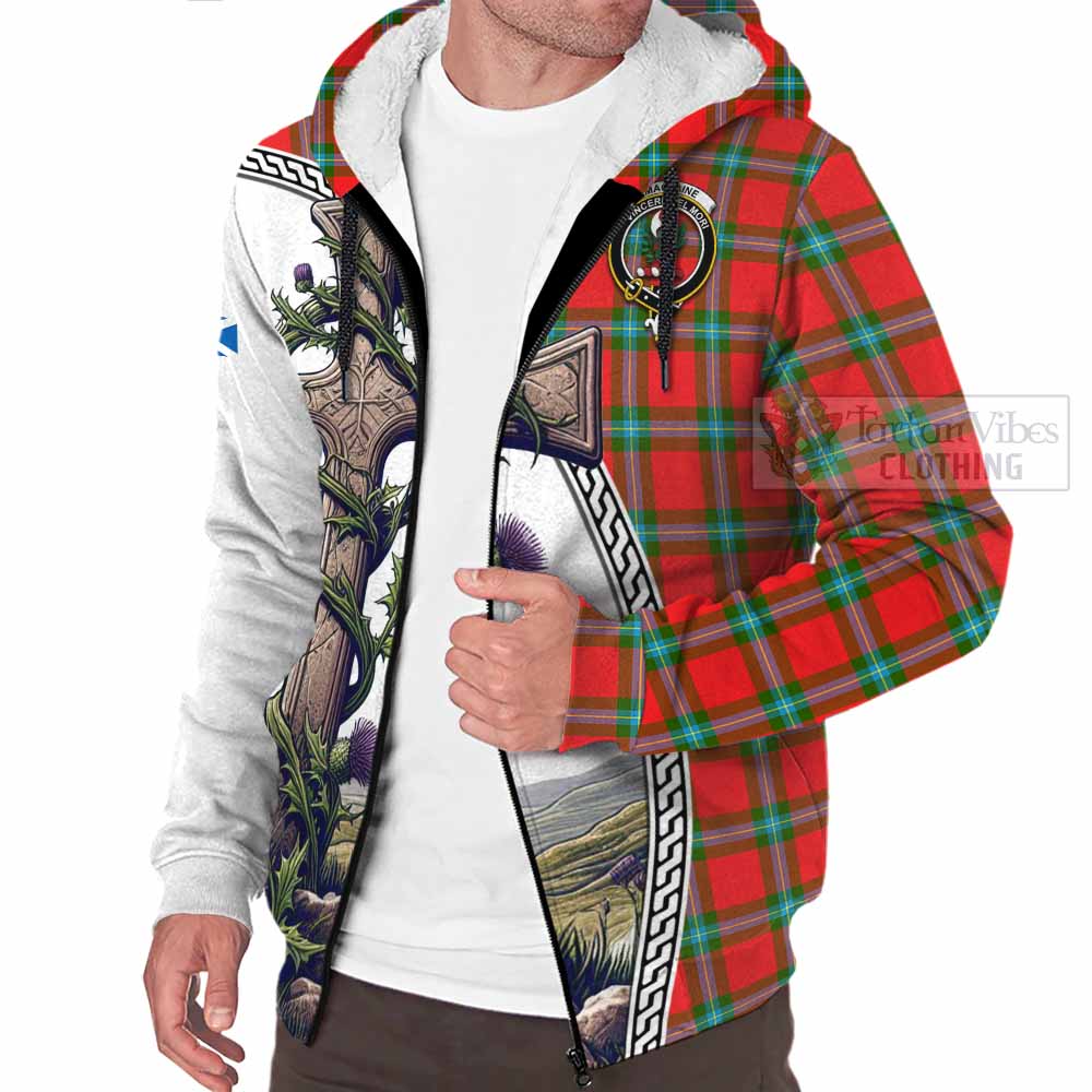 Tartan Vibes Clothing MacLaine (McLaine) Tartan Sherpa Hoodie with Family Crest and St. Andrew's Cross Accented by Thistle Vines