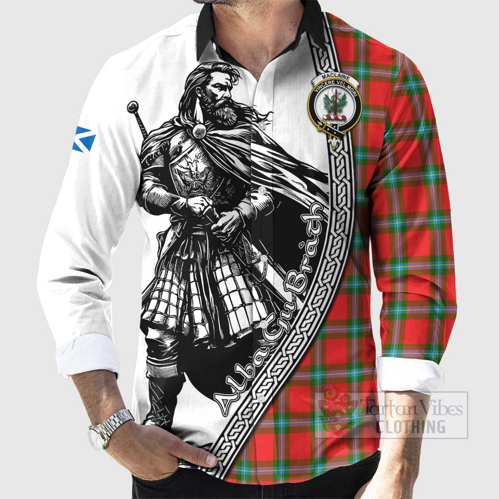 Tartan Vibes Clothing MacLaine (McLaine) Tartan Clan Crest Long Sleeve Button Shirt with Highlander Warrior Celtic Style