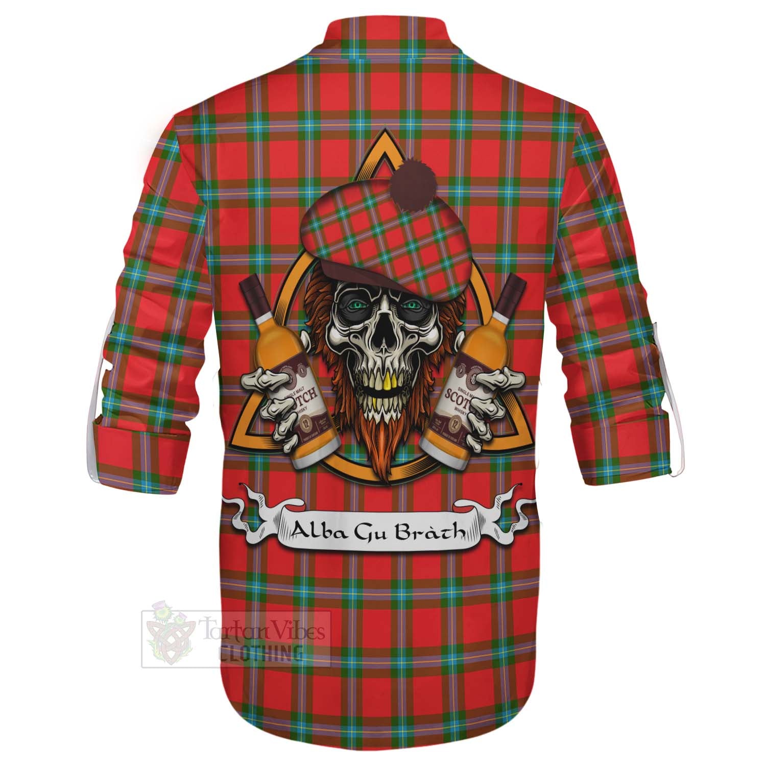 Tartan Vibes Clothing MacLaine (McLaine) Tartan Ghillie Kilt Shirt with Family Crest and Bearded Skull Holding Bottles of Whiskey