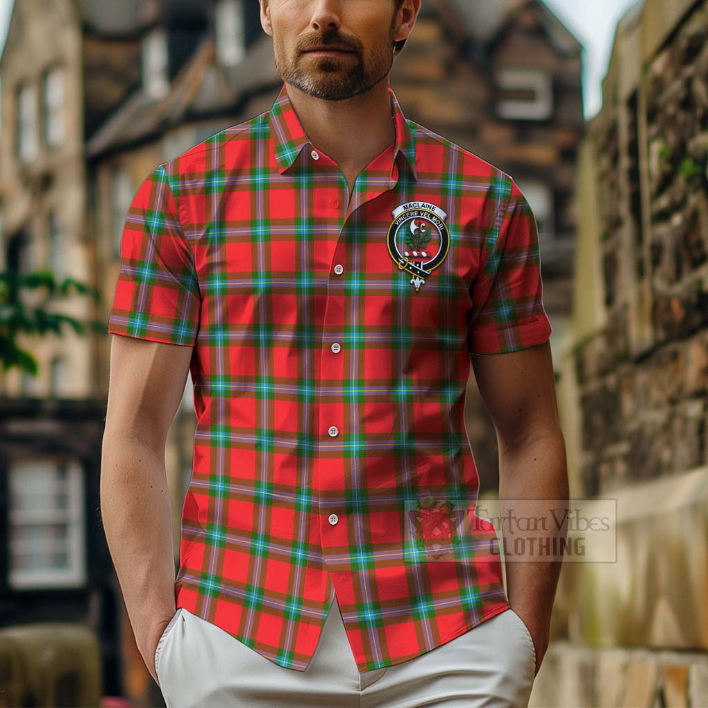 Tartan Vibes Clothing MacLaine (McLaine) Tartan Short Sleeve Button Shirt with Family Crest and Bearded Skull Holding Bottles of Whiskey