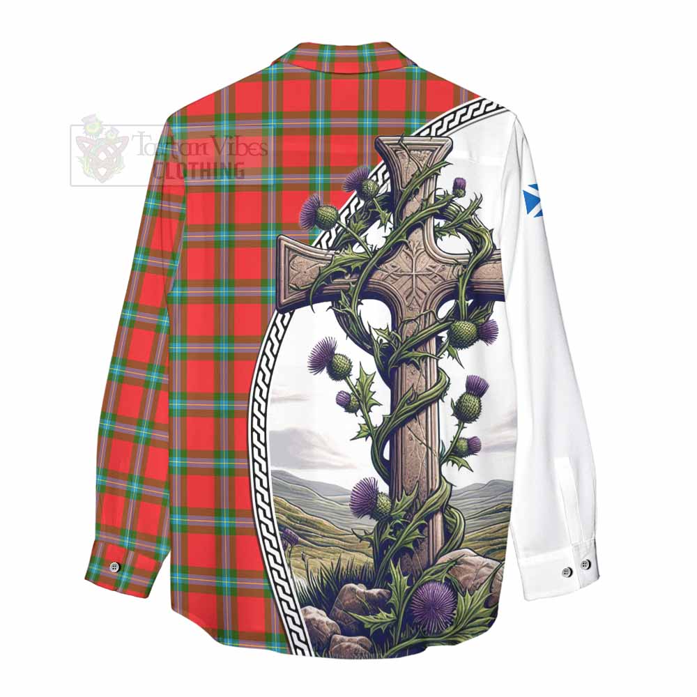 Tartan Vibes Clothing MacLaine (McLaine) Tartan Women's Casual Shirt with Family Crest and St. Andrew's Cross Accented by Thistle Vines