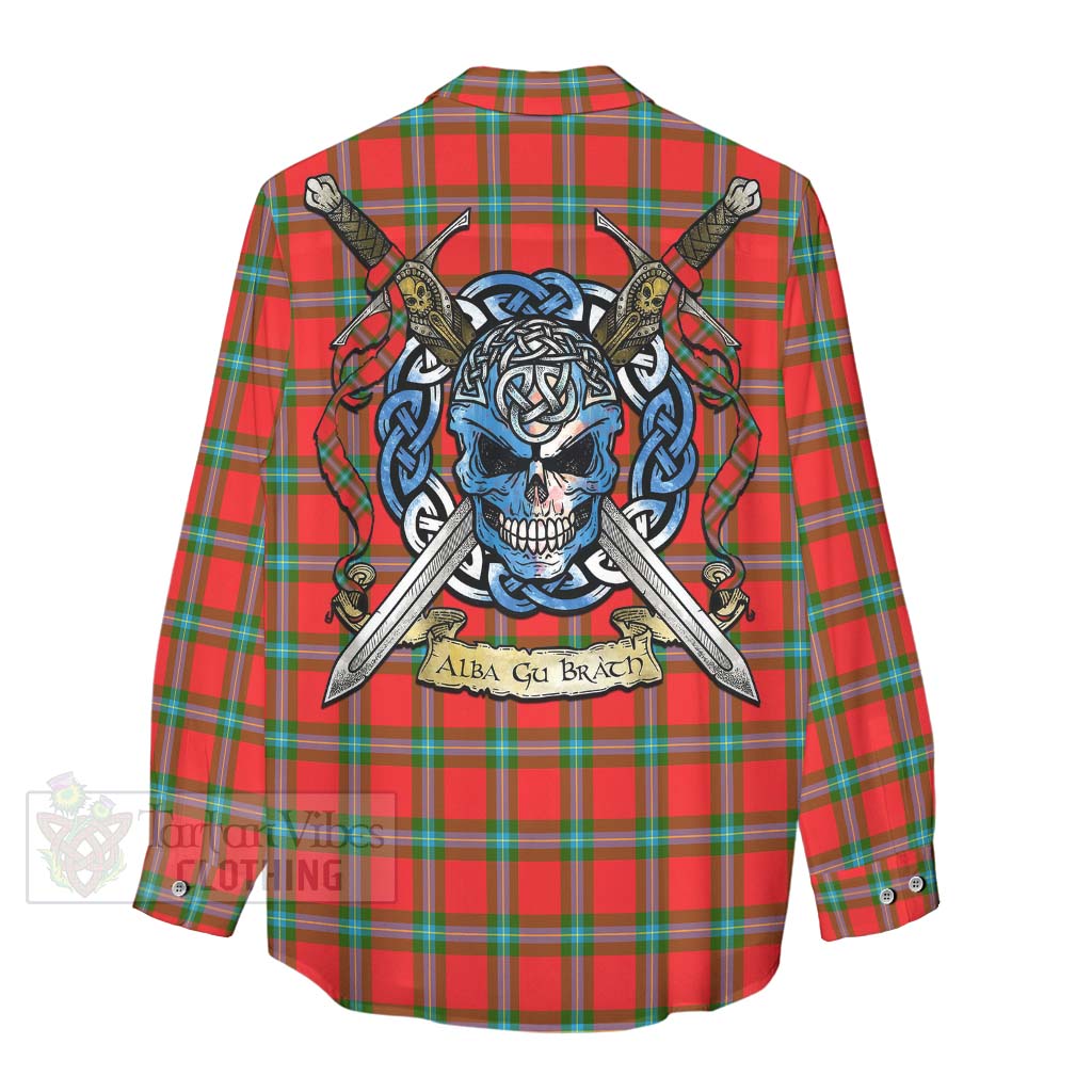 Tartan Vibes Clothing MacLaine (McLaine) Tartan Women's Casual Shirt with Family Crest Celtic Skull Style