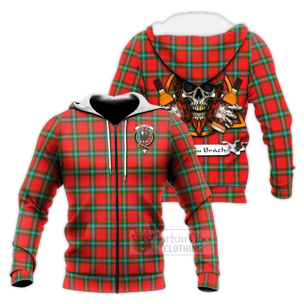 Tartan Vibes Clothing MacLaine (McLaine) Tartan Knitted Hoodie with Family Crest and Bearded Skull Holding Bottles of Whiskey