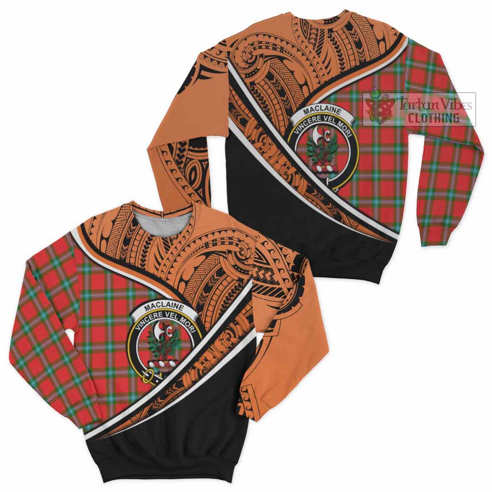 Tartan Vibes Clothing MacLaine (McLaine) Crest Tartan Sweatshirt with Maori Tattoo Style - Orange Version