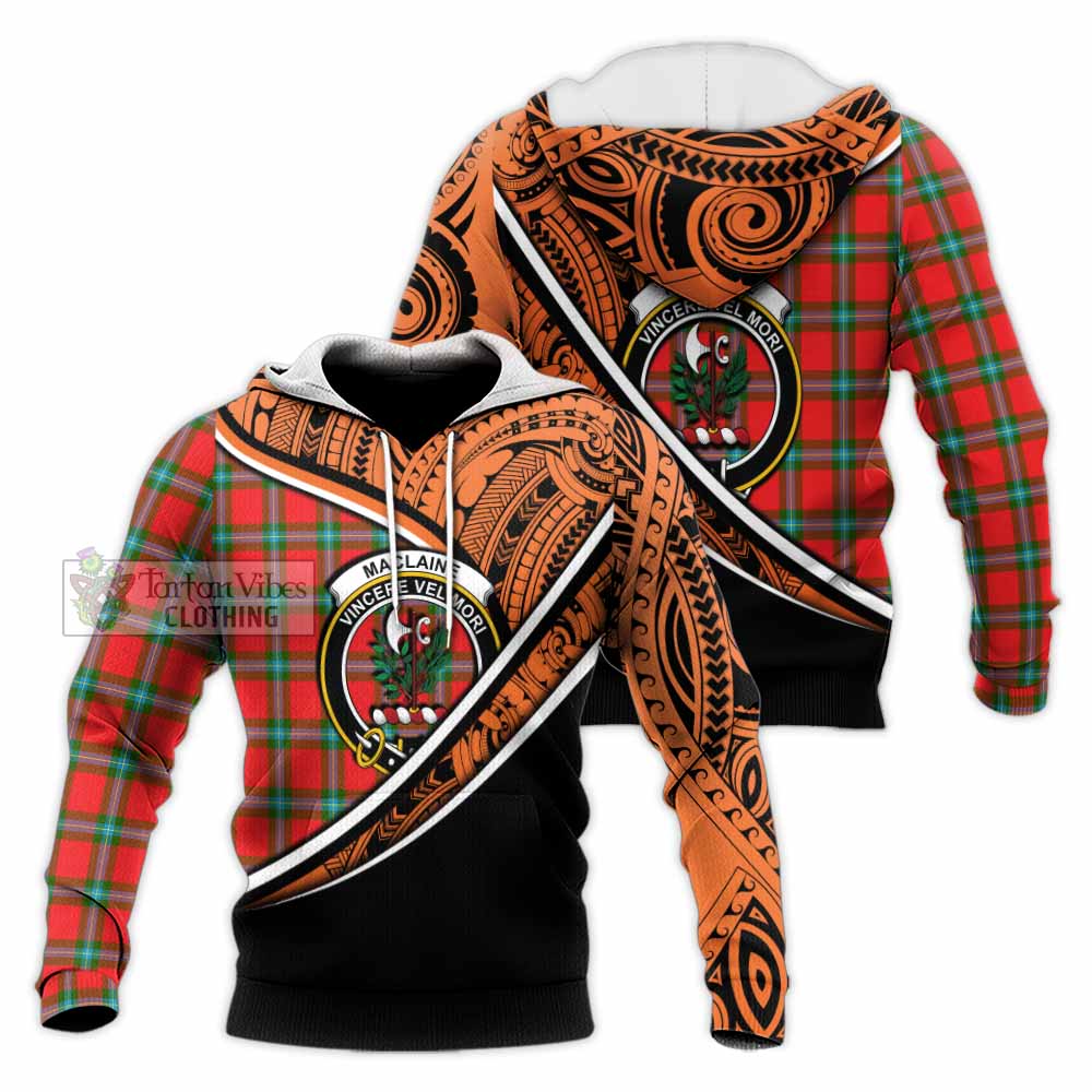 Tartan Vibes Clothing MacLaine (McLaine) Crest Tartan Knitted Hoodie with Maori Tattoo Style - Orange Version