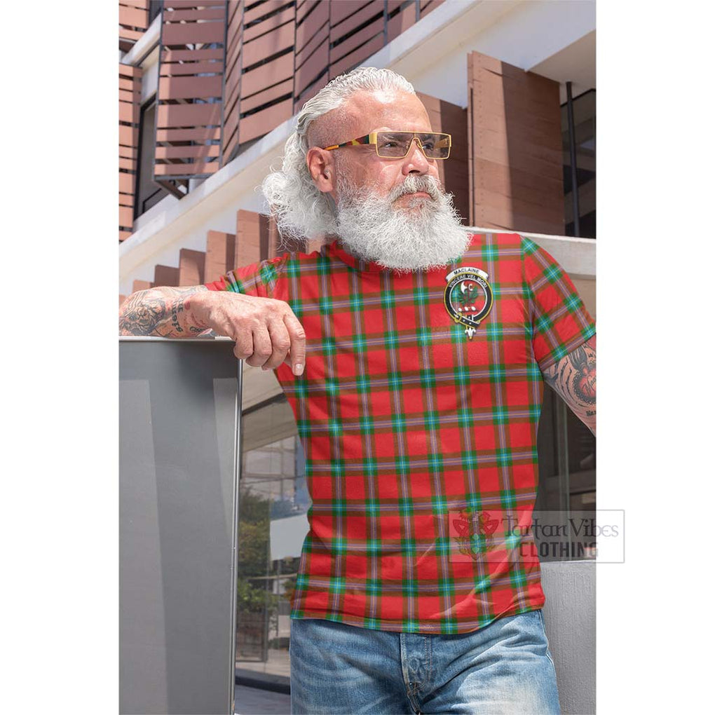 Tartan Vibes Clothing MacLaine (McLaine) Tartan Cotton T-shirt with Family Crest and Bearded Skull Holding Bottles of Whiskey