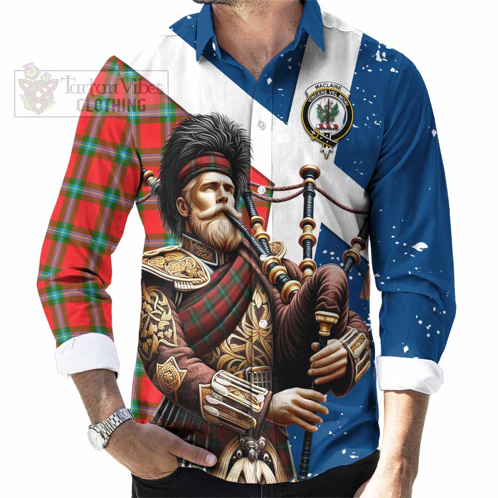 Tartan Vibes Clothing MacLaine (McLaine) Tartan Long Sleeve Button Shirt with Family Crest Scottish Bagpiper Vibes