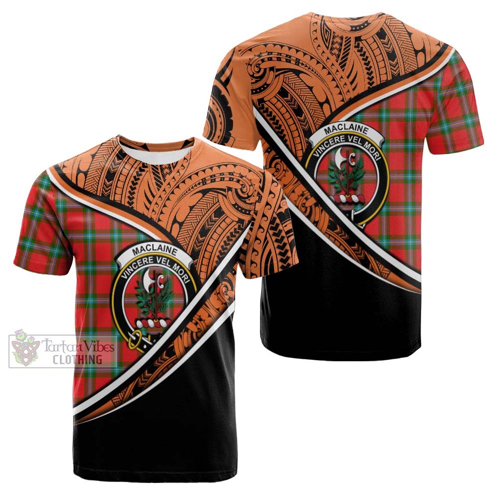 Tartan Vibes Clothing MacLaine (McLaine) Crest Tartan Cotton T-shirt with Maori Tattoo Style - Orange Version