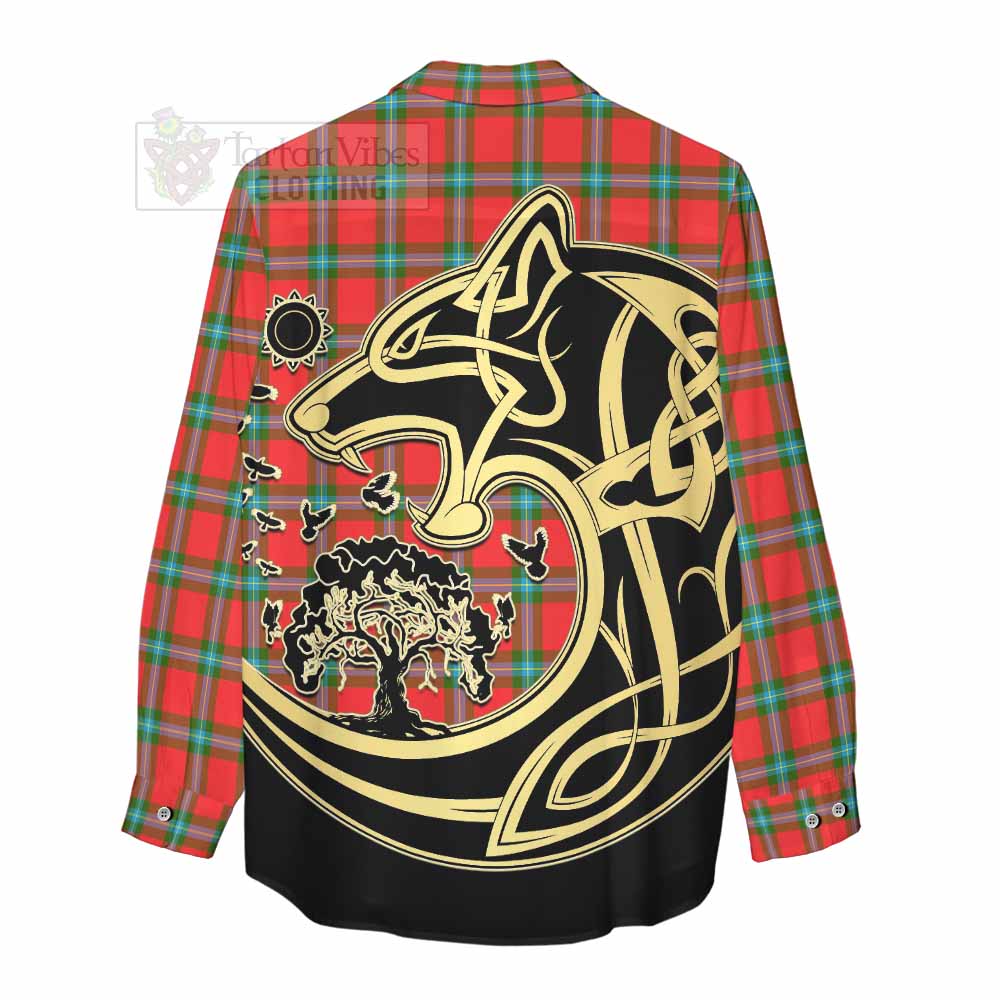 Tartan Vibes Clothing MacLaine (McLaine) Tartan Women's Casual Shirt with Family Crest Celtic Wolf Style