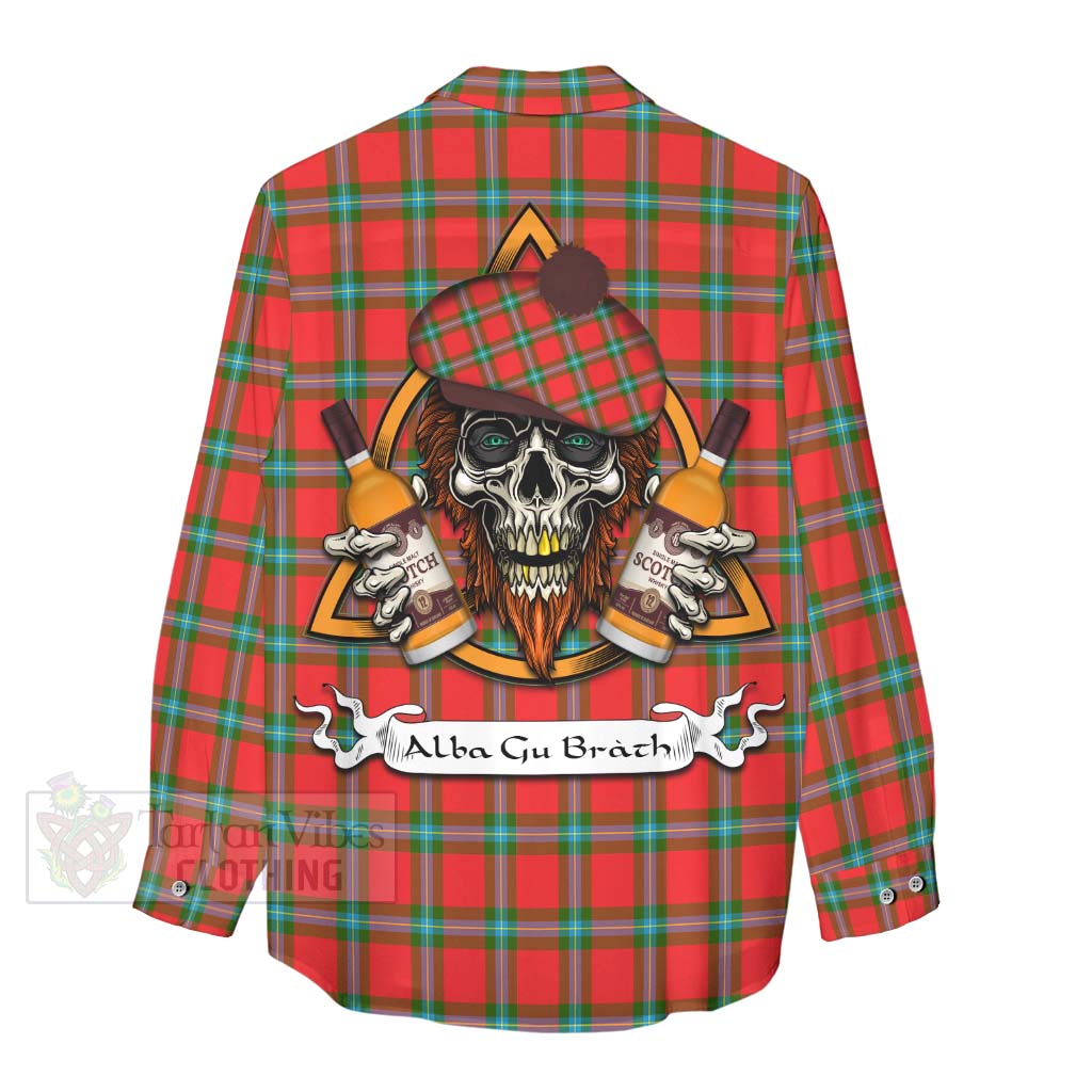 Tartan Vibes Clothing MacLaine (McLaine) Tartan Women's Casual Shirt with Family Crest and Bearded Skull Holding Bottles of Whiskey