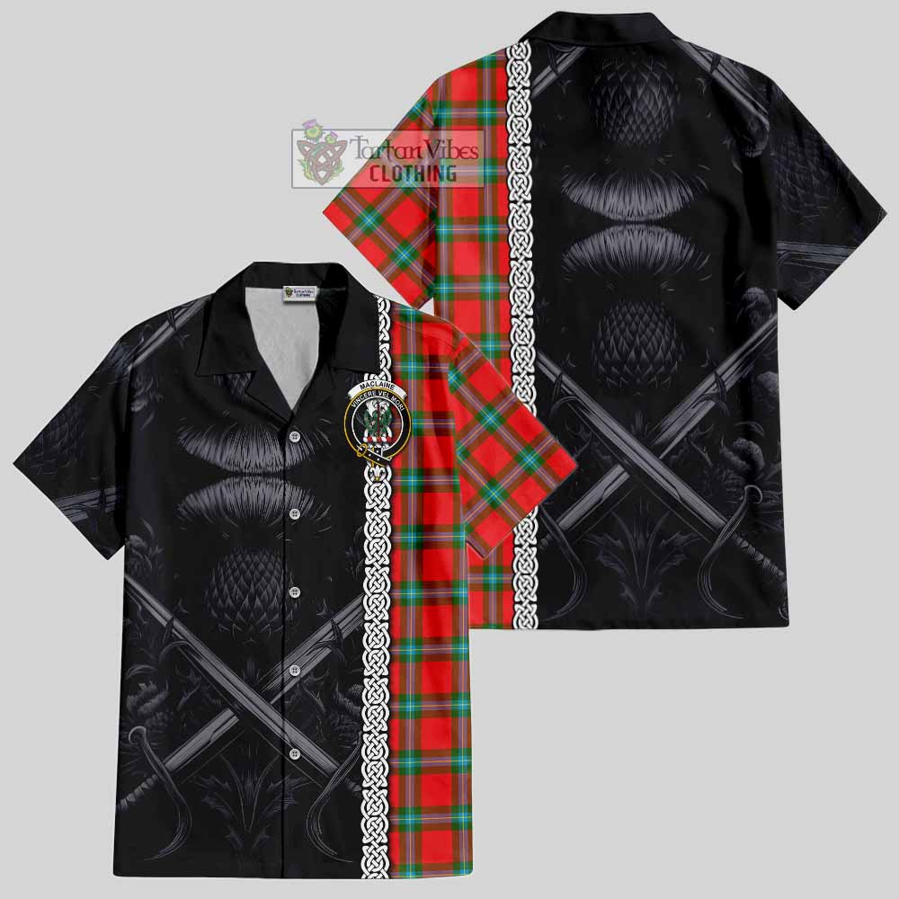 Tartan Vibes Clothing MacLaine (McLaine) Tartan Short Sleeve Button Shirt with Family Crest Cross Sword Thistle Celtic Vibes