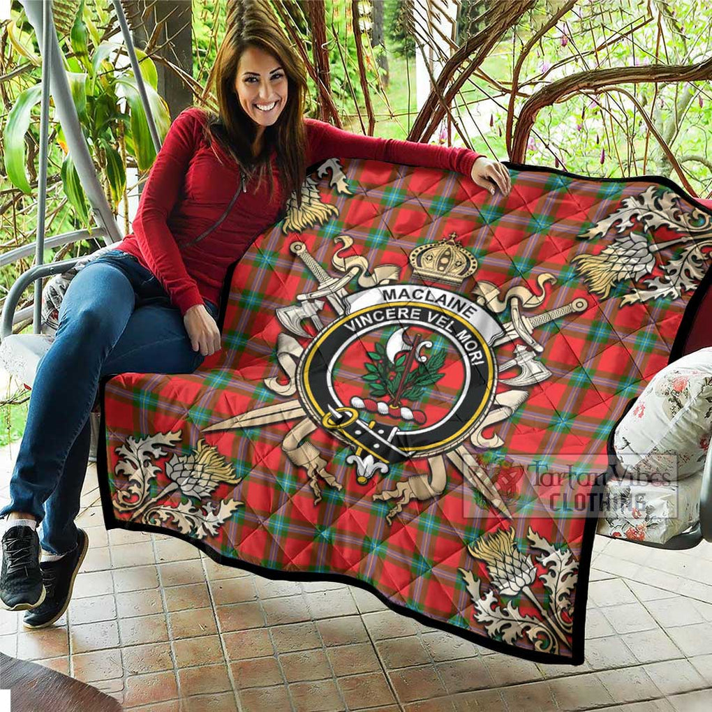 Tartan Vibes Clothing MacLaine (McLaine) Tartan Quilt with Family Crest and Scottish Golden Courage Shield