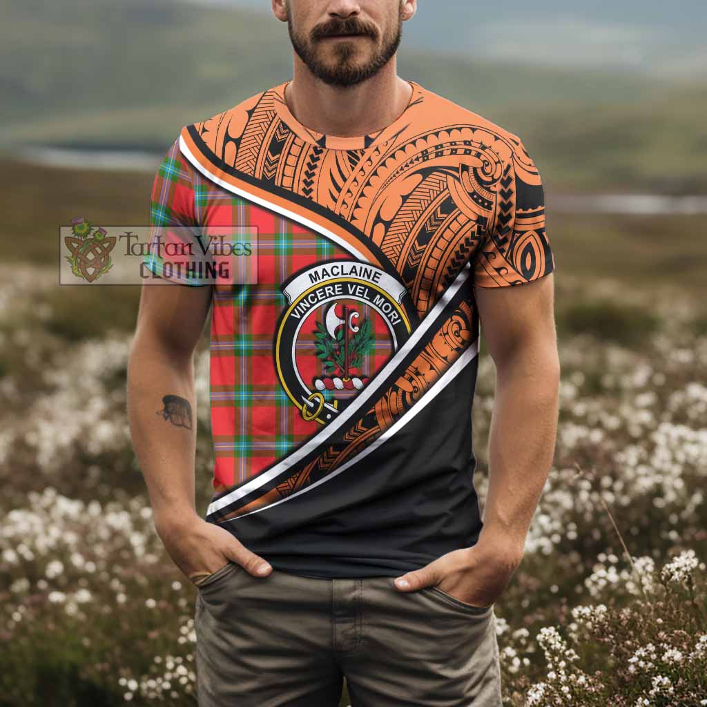 Tartan Vibes Clothing MacLaine (McLaine) Crest Tartan T-Shirt with Maori Tattoo Style - Orange Version