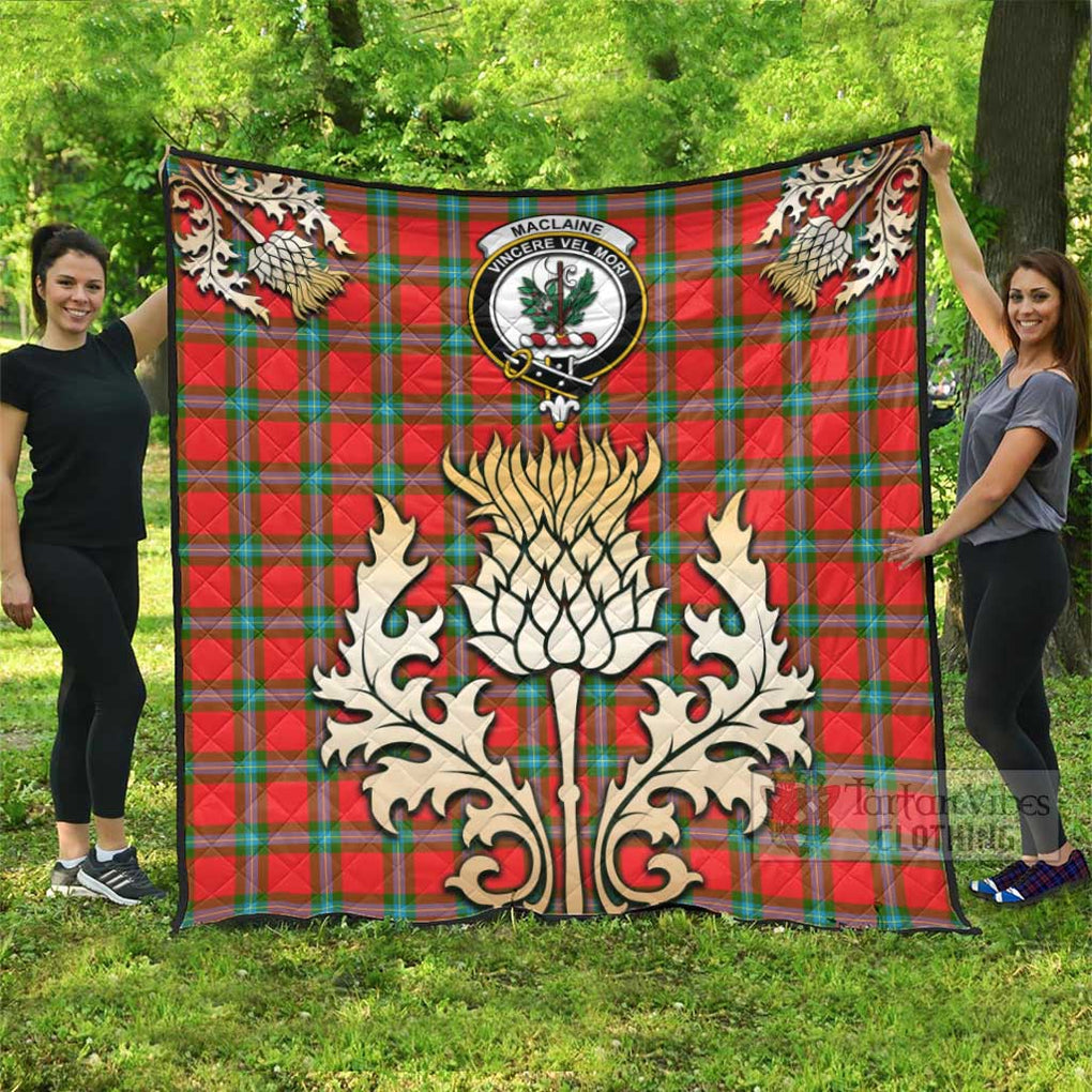 Tartan Vibes Clothing MacLaine (McLaine) Tartan Quilt with Family Crest and Golden Thistle Style