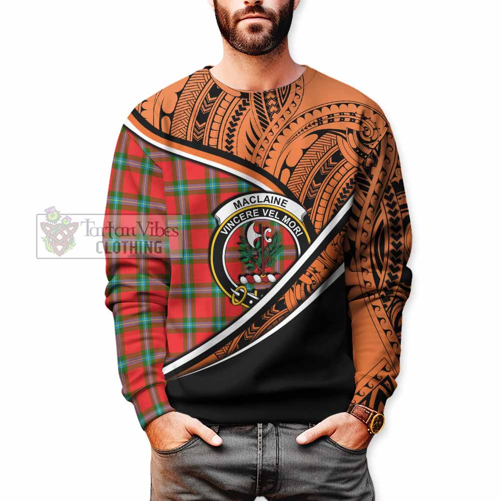 Tartan Vibes Clothing MacLaine (McLaine) Crest Tartan Sweatshirt with Maori Tattoo Style - Orange Version