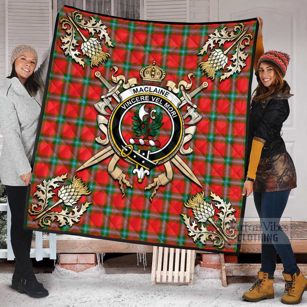 Tartan Vibes Clothing MacLaine (McLaine) Tartan Quilt with Family Crest and Scottish Golden Courage Shield