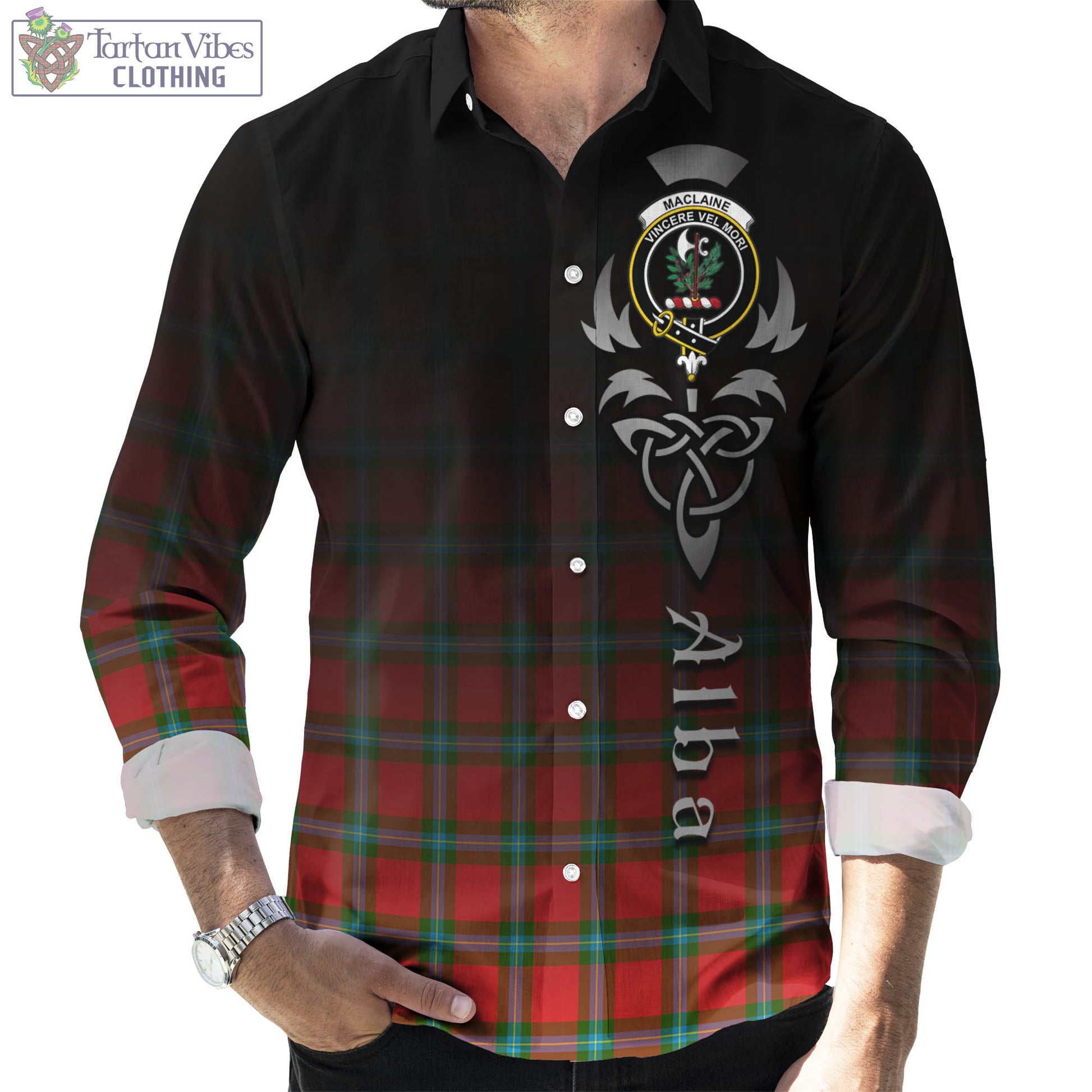 Tartan Vibes Clothing MacLaine of Loch Buie Tartan Long Sleeve Button Up Featuring Alba Gu Brath Family Crest Celtic Inspired